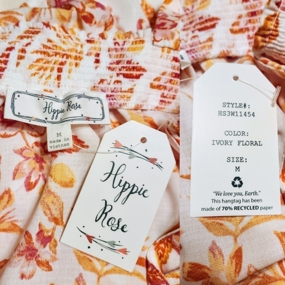 Hippie Rose Floral Tie Strap Smocked Top Ivory Orange Medium - Picture 10 of 12